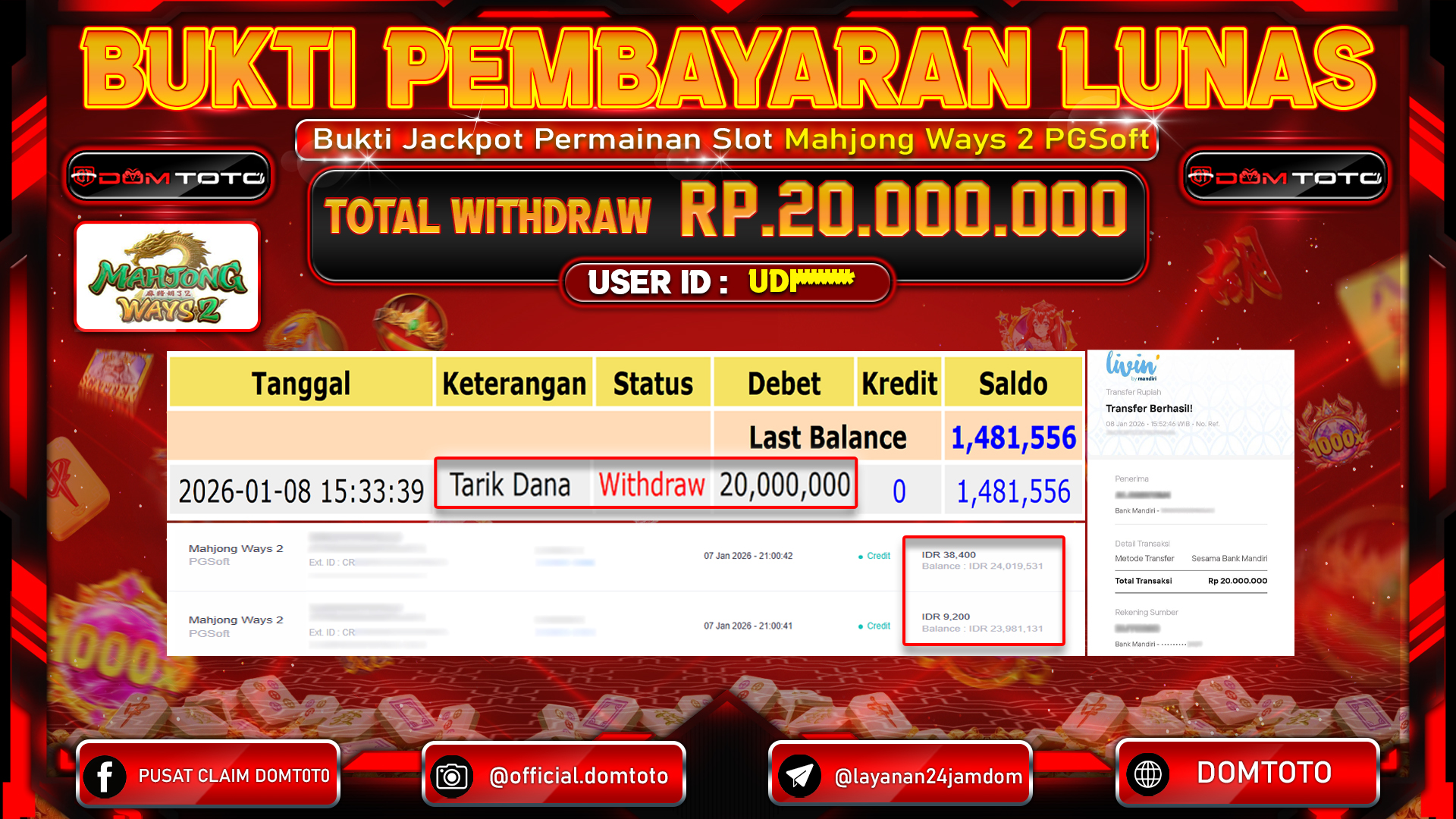 JACKPOT Slot Mahjong Ways 2 PGSoft 8 JANUARI 2026